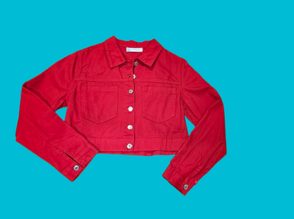 Women’s Cropped Red Denim Jacket – Distressed Hem