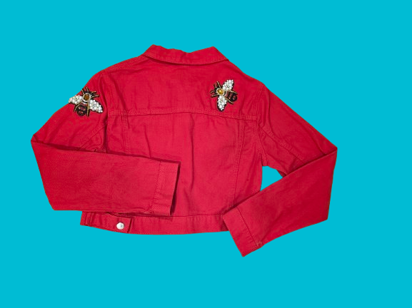 Women’s Cropped Red Denim Jacket – Distressed Hem