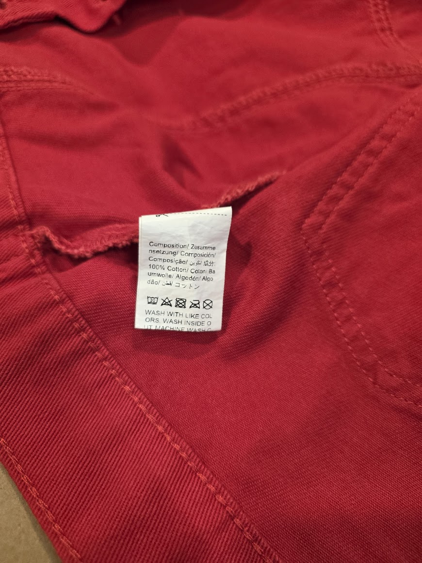 Women’s Cropped Red Denim Jacket – Distressed Hem