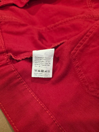 Women’s Cropped Red Denim Jacket – Distressed Hem