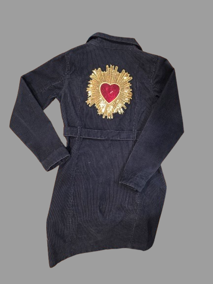 Women’s Black Denim Shirt Dress – Beaded Heart Detail