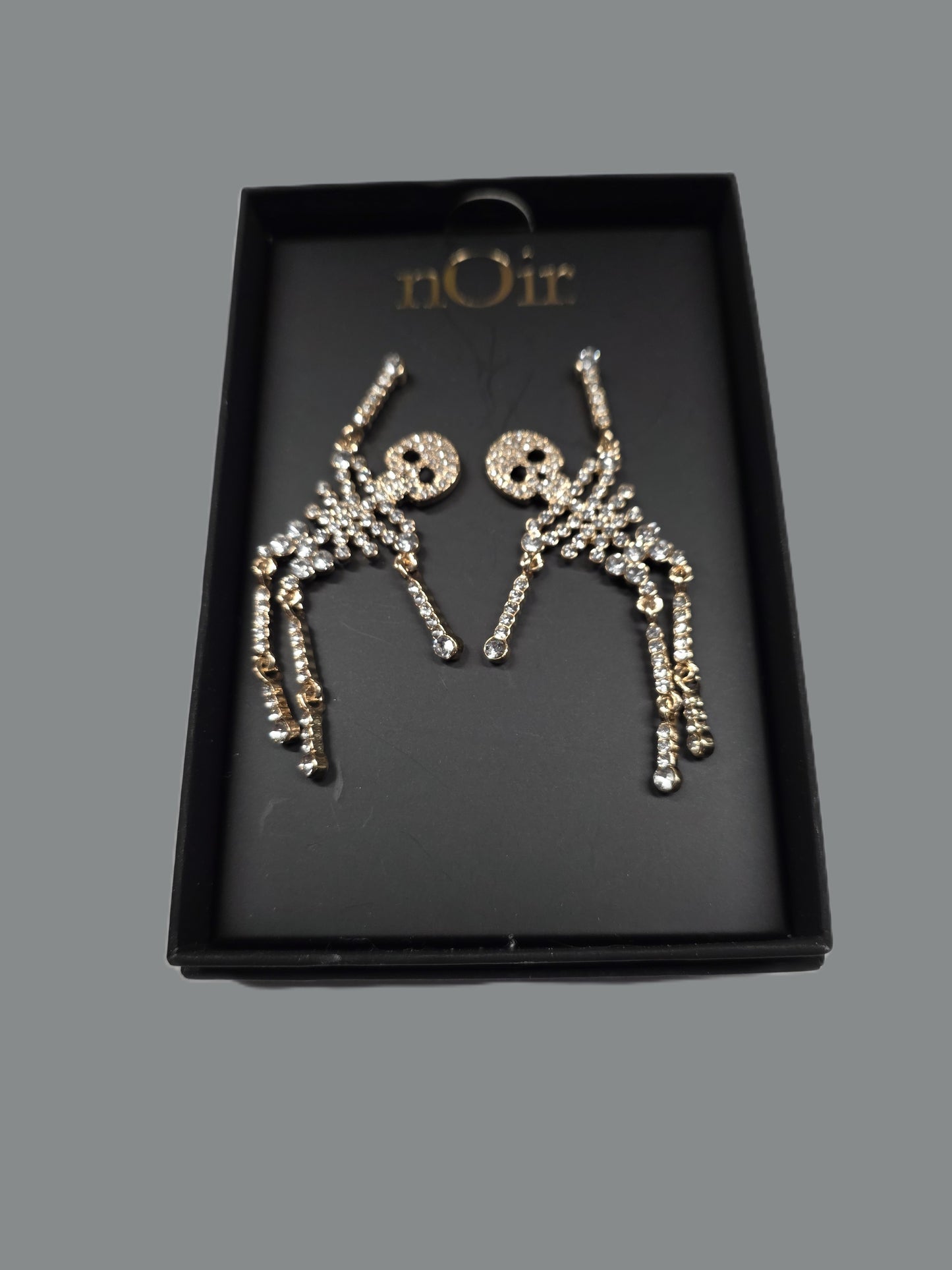 nOir Crystal Skeleton Drop Earrings – Gold & Rhinestone Statement Design