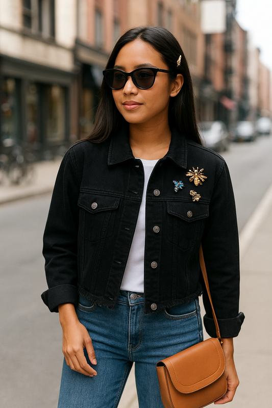 Black Cropped Denim Jacket with Statement Brooches