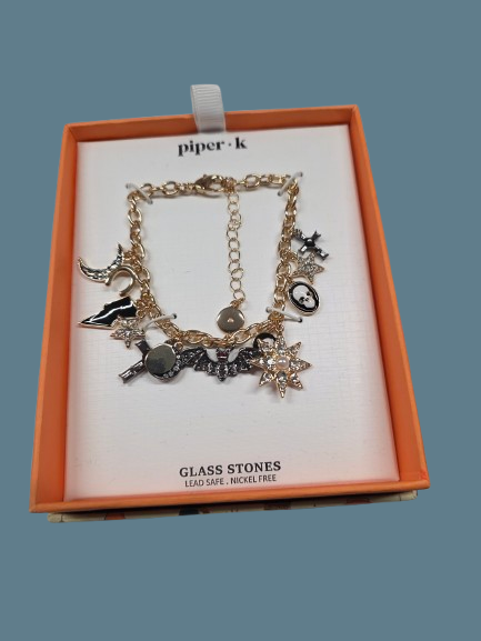 Piper-K Gothic Charm Bracelet – Gold Chain with Mixed Charms