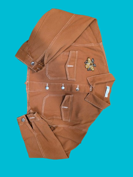 Women’s Cropped Denim Jacket – Caramel Brown with Beaded Bee Patch