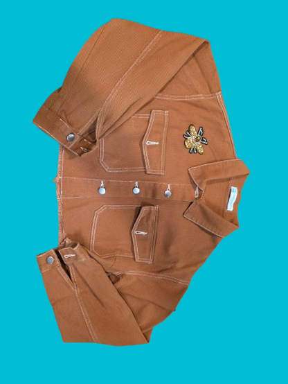 Women’s Cropped Denim Jacket – Caramel Brown with Beaded Bee Patch