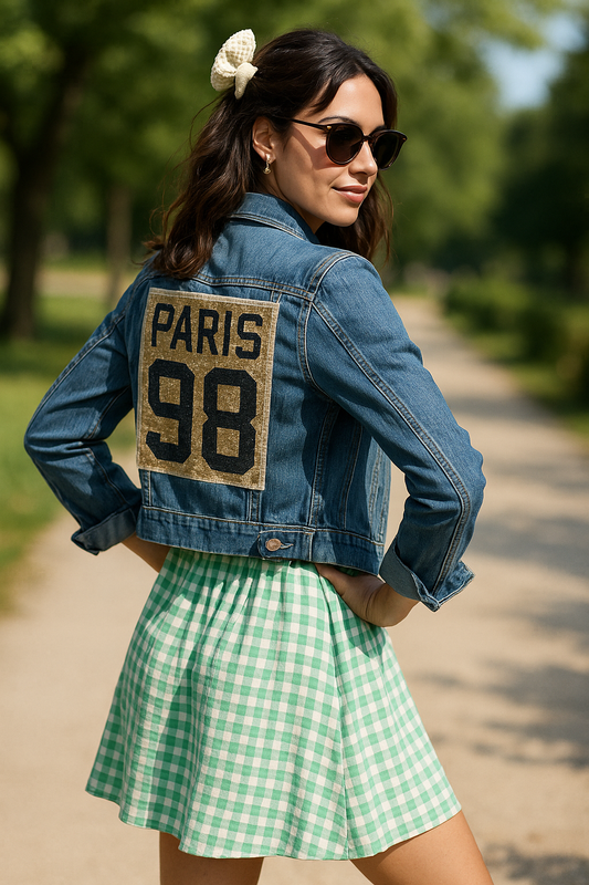 Black Cropped Denim Jacket with Sequin “PARIS 98” Design