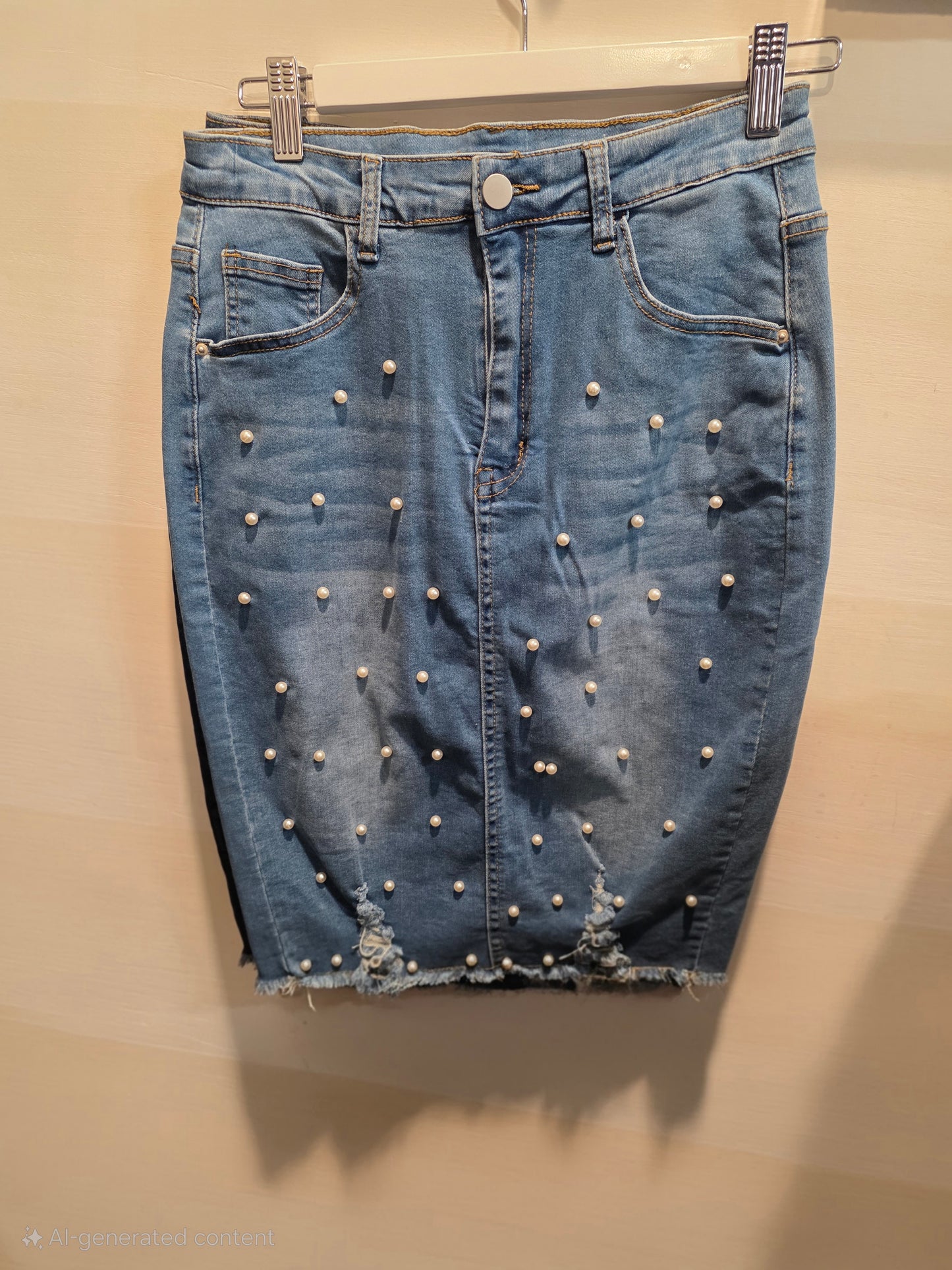 Pearl-Studded Denim Skirt
