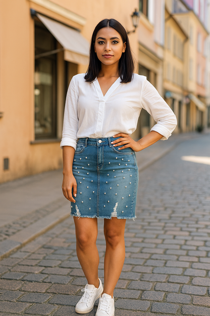 Pearl-Studded Denim Skirt