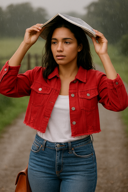 Women’s Cropped Red Denim Jacket – Distressed Hem