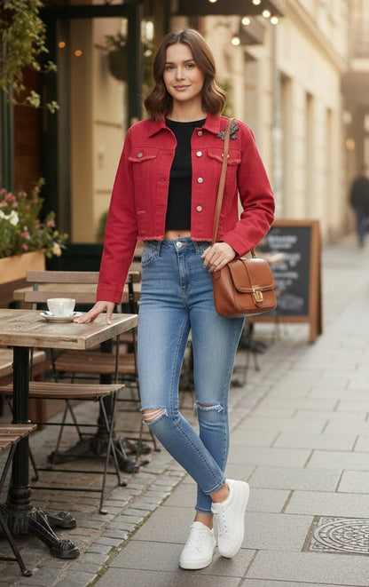 Women’s Cropped Red Denim Jacket – Beaded Bee Patch Detail