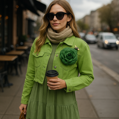 Women’s Cropped Green Denim Jacket – Oversized Flower & Bee Detail