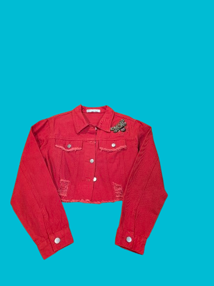 Women’s Cropped Red Denim Jacket – Beaded Bee Patch Detail