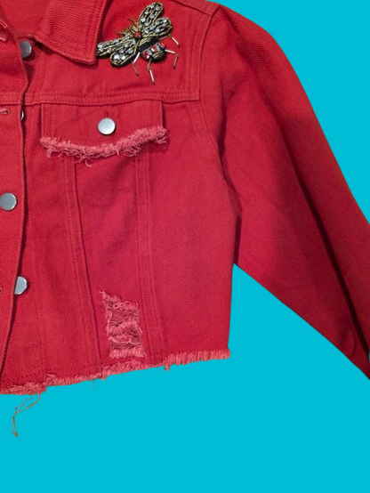 Women’s Cropped Red Denim Jacket – Beaded Bee Patch Detail