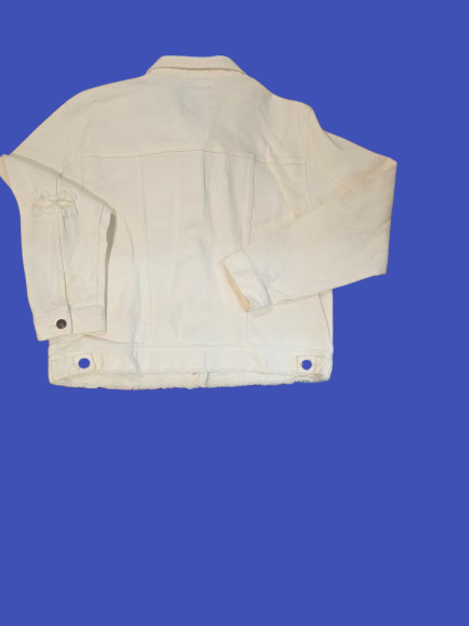 Women’s Cropped White Denim Jacket – Distressed Hem