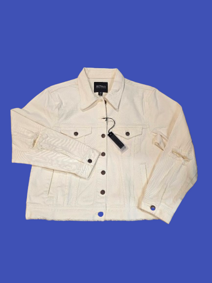 Women’s Cropped White Denim Jacket – Distressed Hem