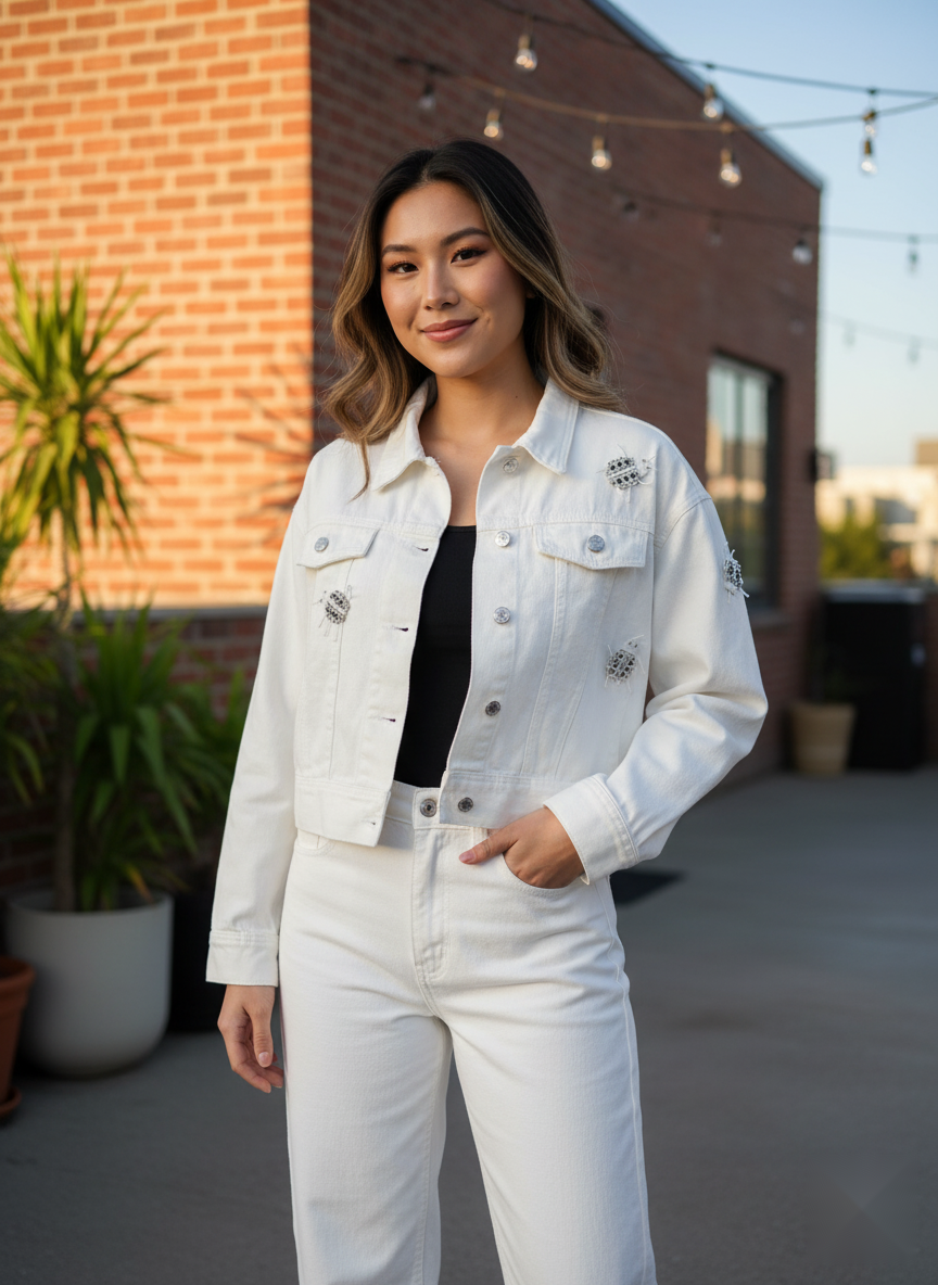 Embellished White Denim Jacket