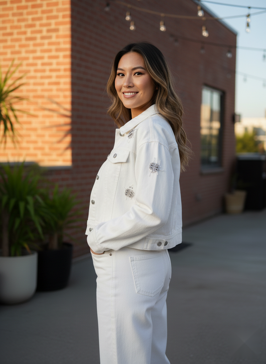 Embellished White Denim Jacket