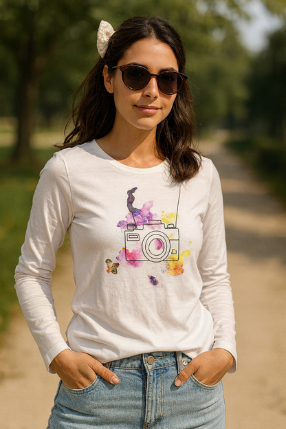 Girls’ Long Sleeve Cotton Top – “Little Photographer” Print