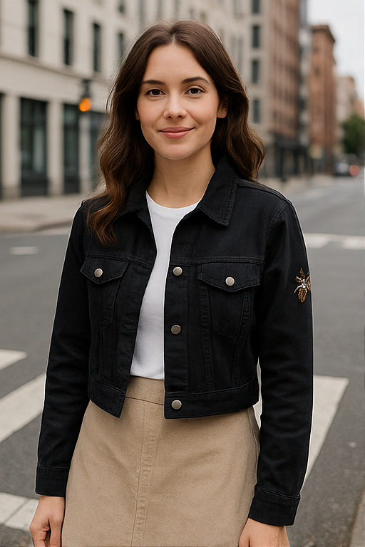 Black Cropped Denim Jacket with Embellished Bee Appliqués